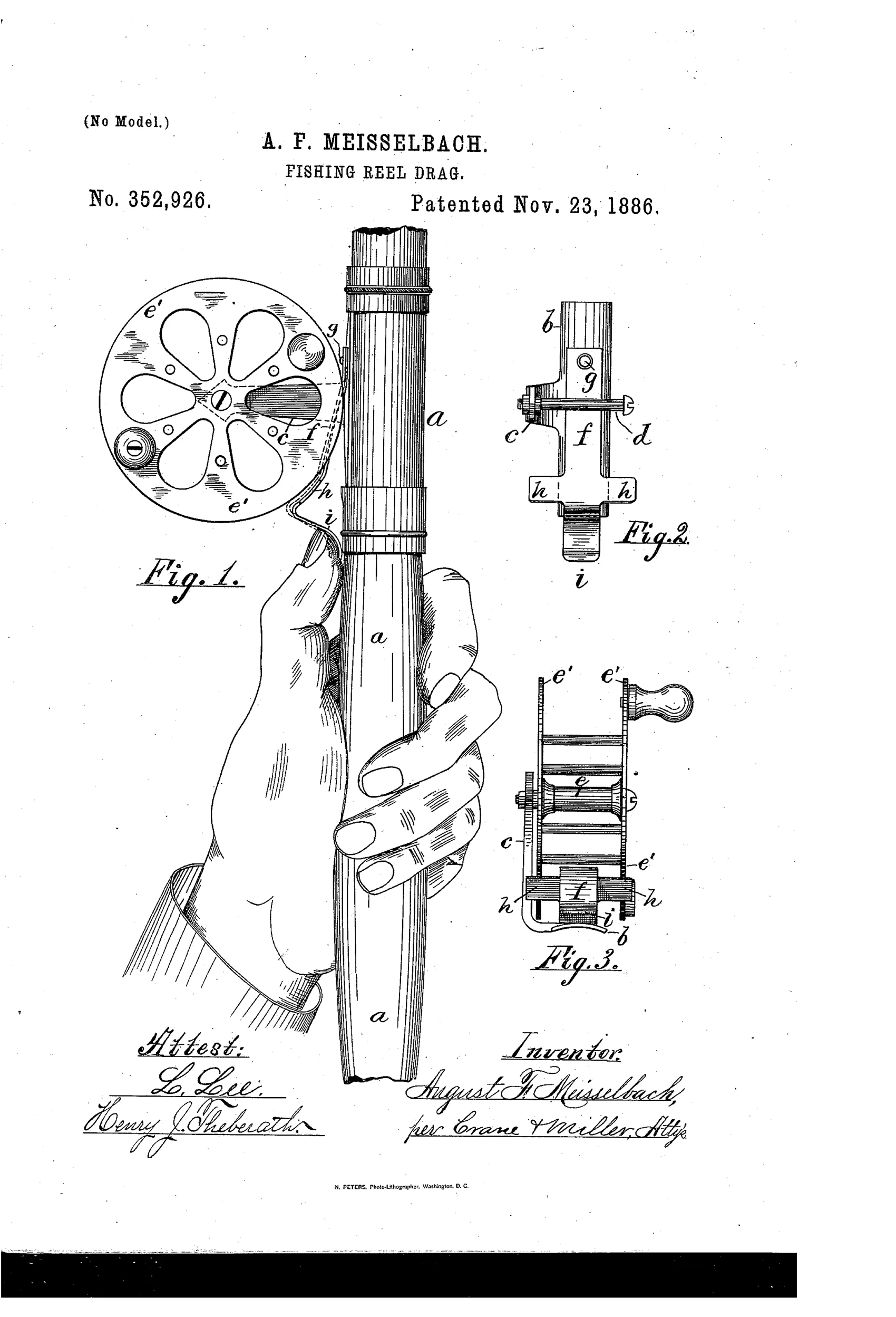 Patent drawing showing a hand gripping a fishing pole with a reel attached, alongside detailed mechanical views of the reel's spring-loaded drag mechanism with labeled parts including the foot, standard, spring, cross-bar, and thumb-piece.