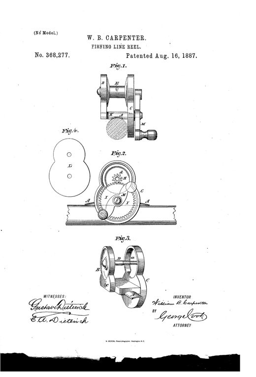 Patent drawing of a multiplying fishing reel showing an end view with crank handle, an exploded gear-train side view labeled with letters A through M, a perspective view of the frame without spool, and a separate figure-eight shaped retaining plate.