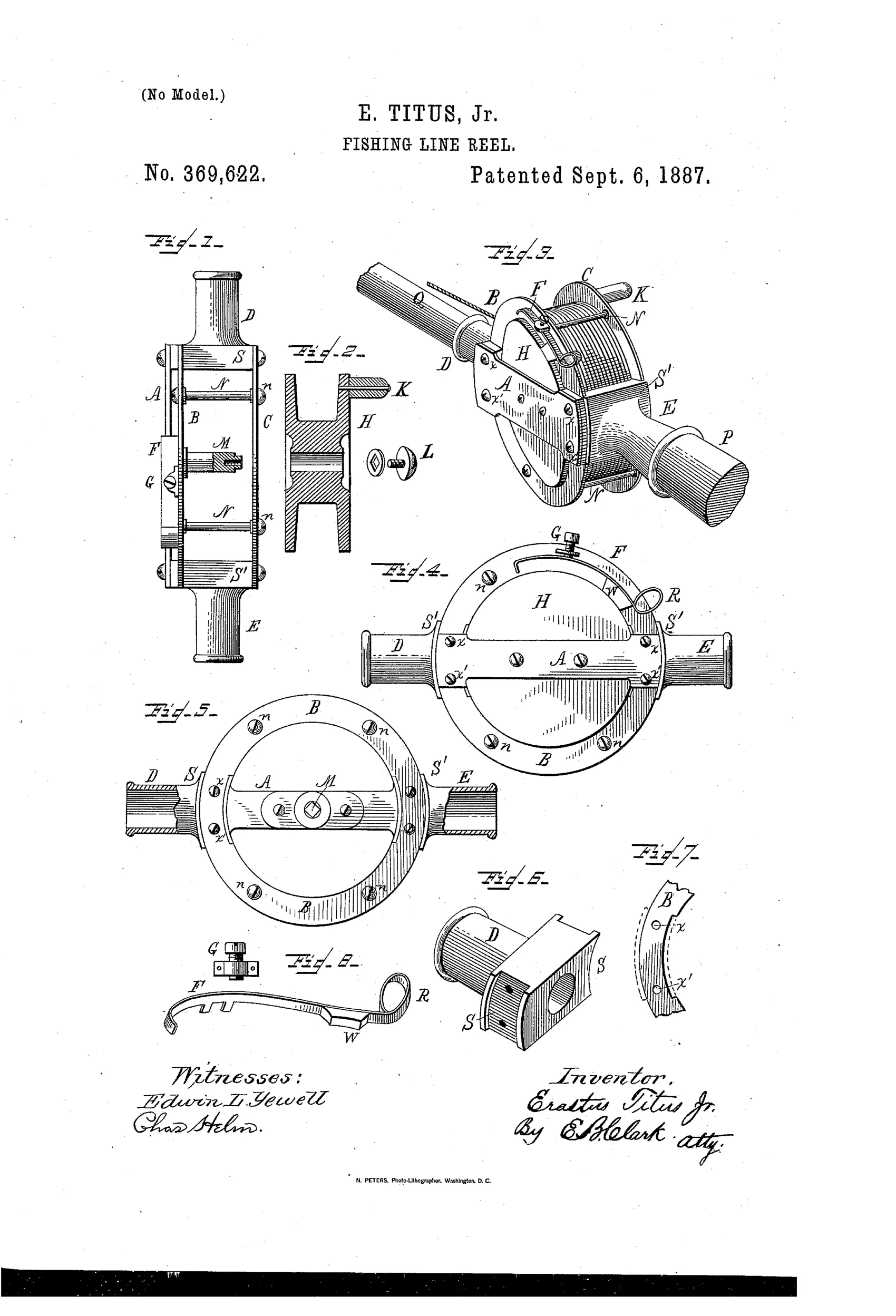 Patent drawing showing a fishing reel with a spool mounted in a ring frame, side bar with two sockets for attaching rod sections, and a spring drag mechanism with set-screw and thumb-piece.