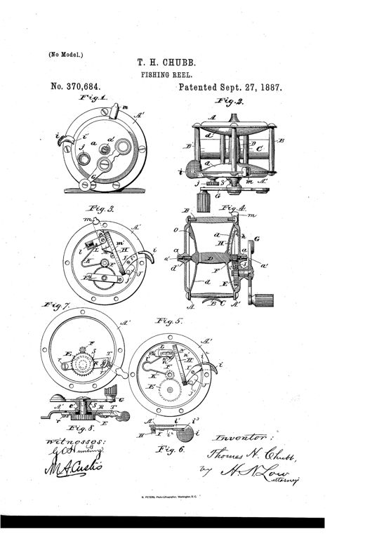 Patent drawing of a nineteenth-century multiplying fishing reel showing the side plates, hand crank, internal gear wheel and pinion, bow-spring drag lever with thumb piece, and click-spring mechanism labeled with reference letters across eight figures.