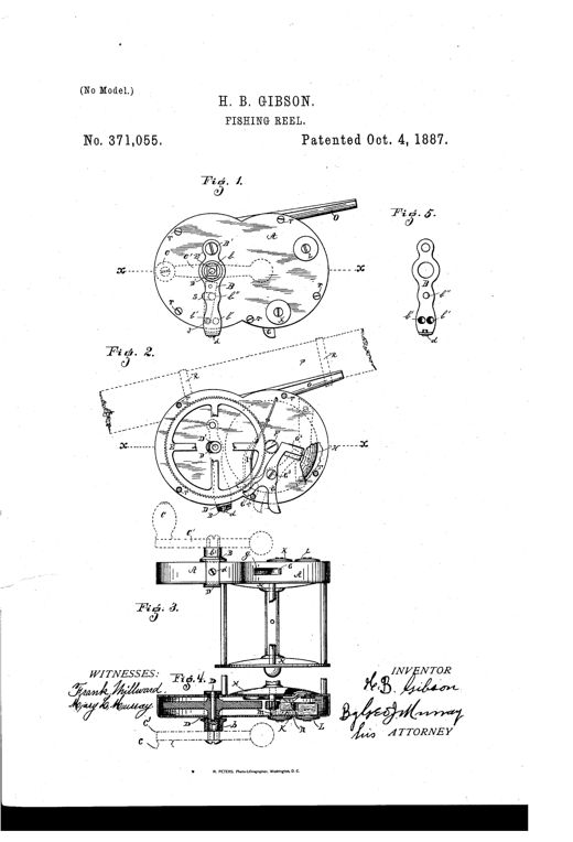 Patent drawing of a Gibson fishing reel showing a round case with internal gear wheel, a swinging yoke holding the driving wheel, a brake lever, handle crank, and mounting foot, along with cross-section and end-plate views.