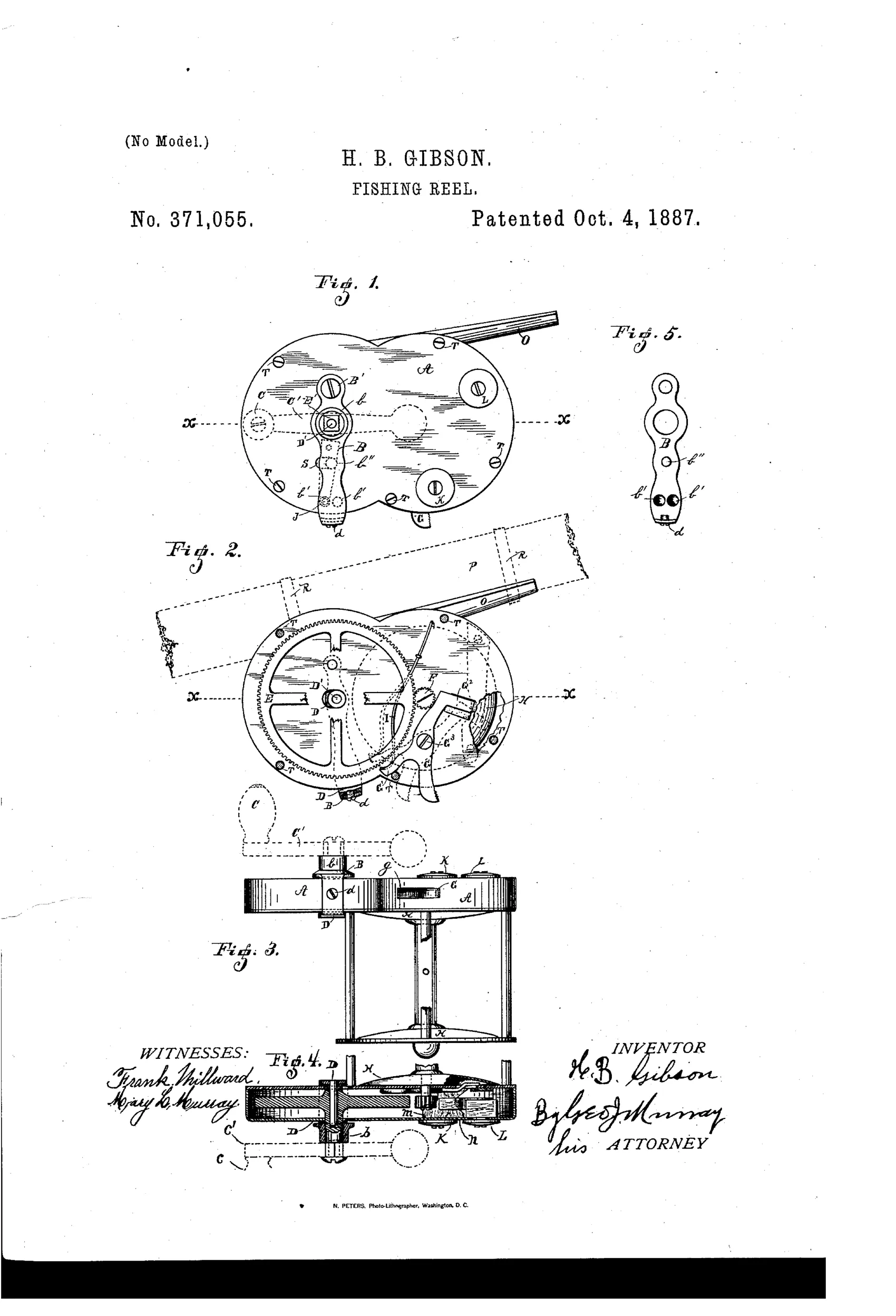 Patent drawing of a Gibson fishing reel showing a round case with internal gear wheel, a swinging yoke holding the driving wheel, a brake lever, handle crank, and mounting foot, along with cross-section and end-plate views.