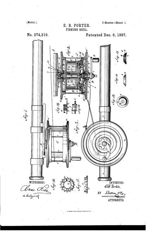 Patent drawing sheets showing a fishing reel's internal spring barrel, planetary gear train, friction brake wheels, and toothed rings, with a side elevation of the assembled reel mounted on a rod handle and hand crank.