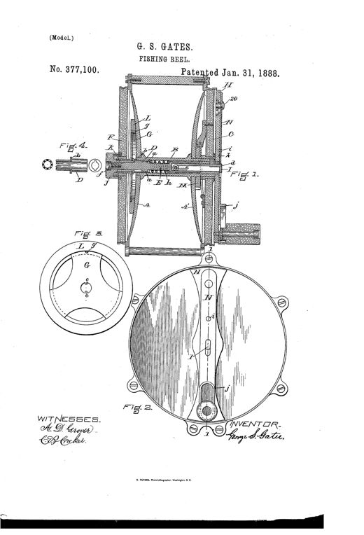 Patent drawing of an 1888 fishing reel showing a cutaway side section with internal spool, shaft, tension spring and friction ring, an end view of the assembled reel with handle and screws, and detail views of the friction ring and driving sleeve.