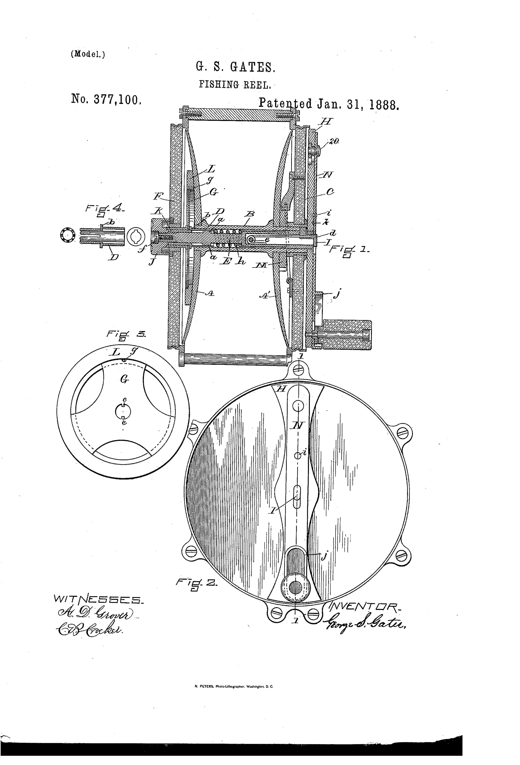 Patent drawing of an 1888 fishing reel showing a cutaway side section with internal spool, shaft, tension spring and friction ring, an end view of the assembled reel with handle and screws, and detail views of the friction ring and driving sleeve.