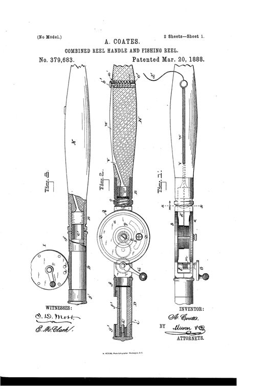 Patent drawing sheets showing a cylindrical fishing rod handle with a detachable multiplying reel, exploded and sectioned views revealing internal gearing, click wheel, spring drag, and threaded sockets connecting handle segments.