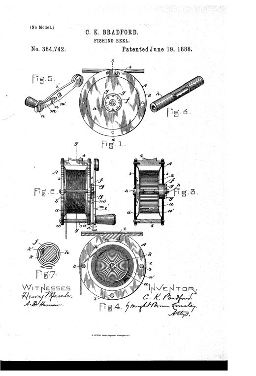 Patent drawing sheet showing seven figures of a fishing reel: end and side views of the reel frame with barrel and spring, cross-sections revealing the internal spring and shaft, a detachable crank handle, and the journal shaft with pocket for the spring hook.