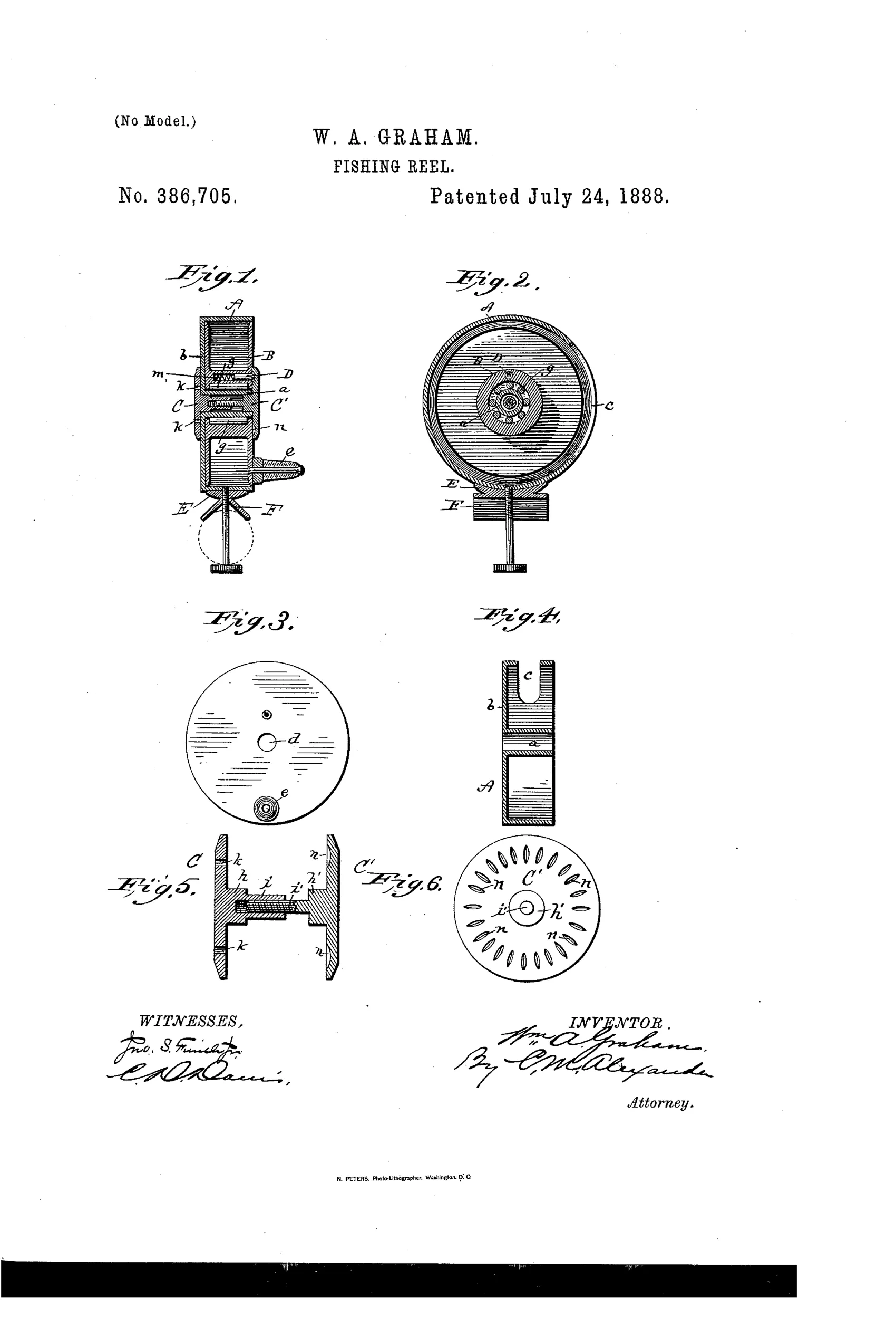 Patent drawing of a cylindrical fishing reel showing a casing with spindle, spool with handle, retaining disks with click-pin, and a clamp for attaching to a fishing rod.