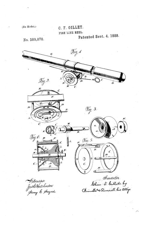 Patent drawing of an 1888 fish-line reel showing the reel mounted on a fishing rod, an exploded perspective of its spool, shaft, pulley and clutch sleeve, a cross-sectional view along the axis, and the bare frame with pillars and heads.