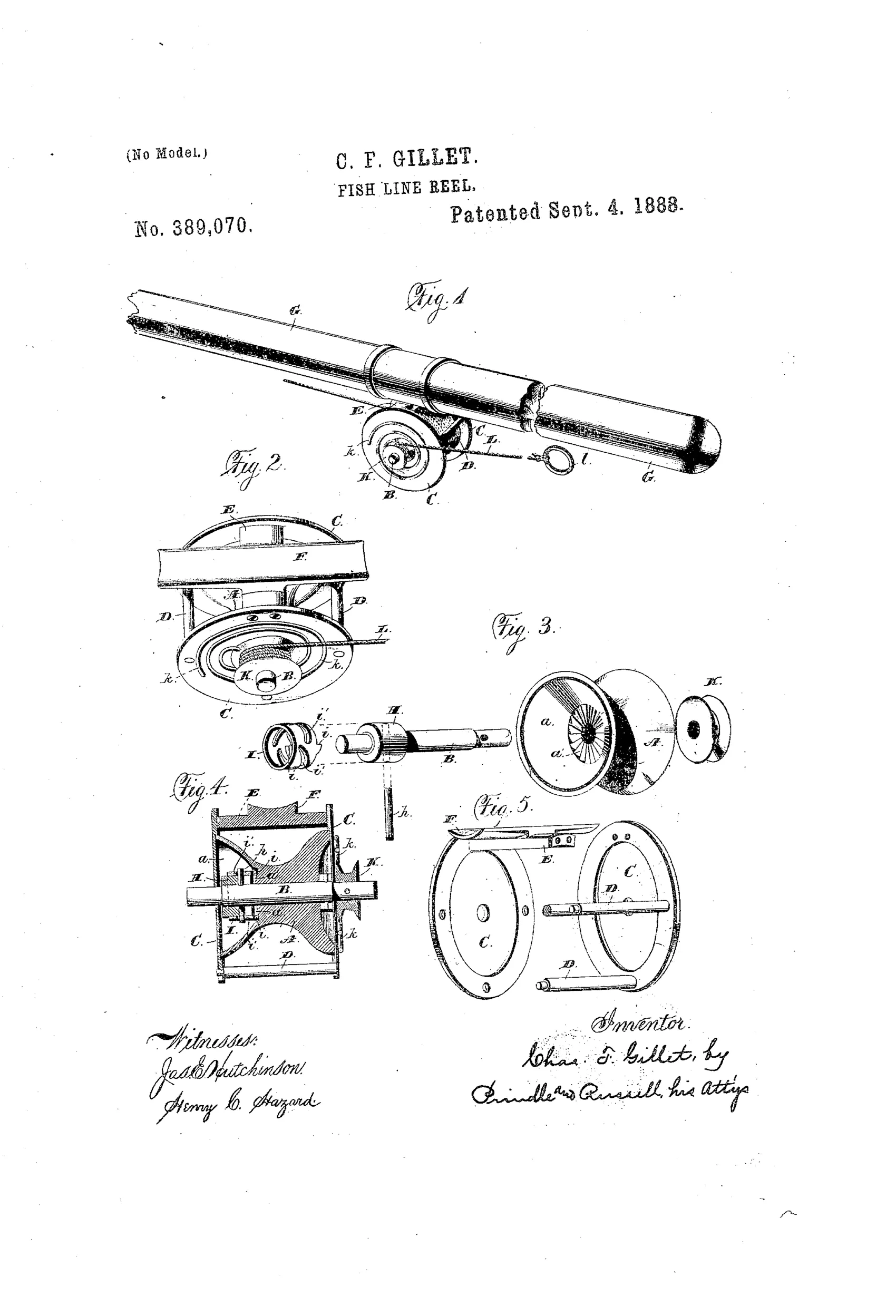 Patent drawing of an 1888 fish-line reel showing the reel mounted on a fishing rod, an exploded perspective of its spool, shaft, pulley and clutch sleeve, a cross-sectional view along the axis, and the bare frame with pillars and heads.