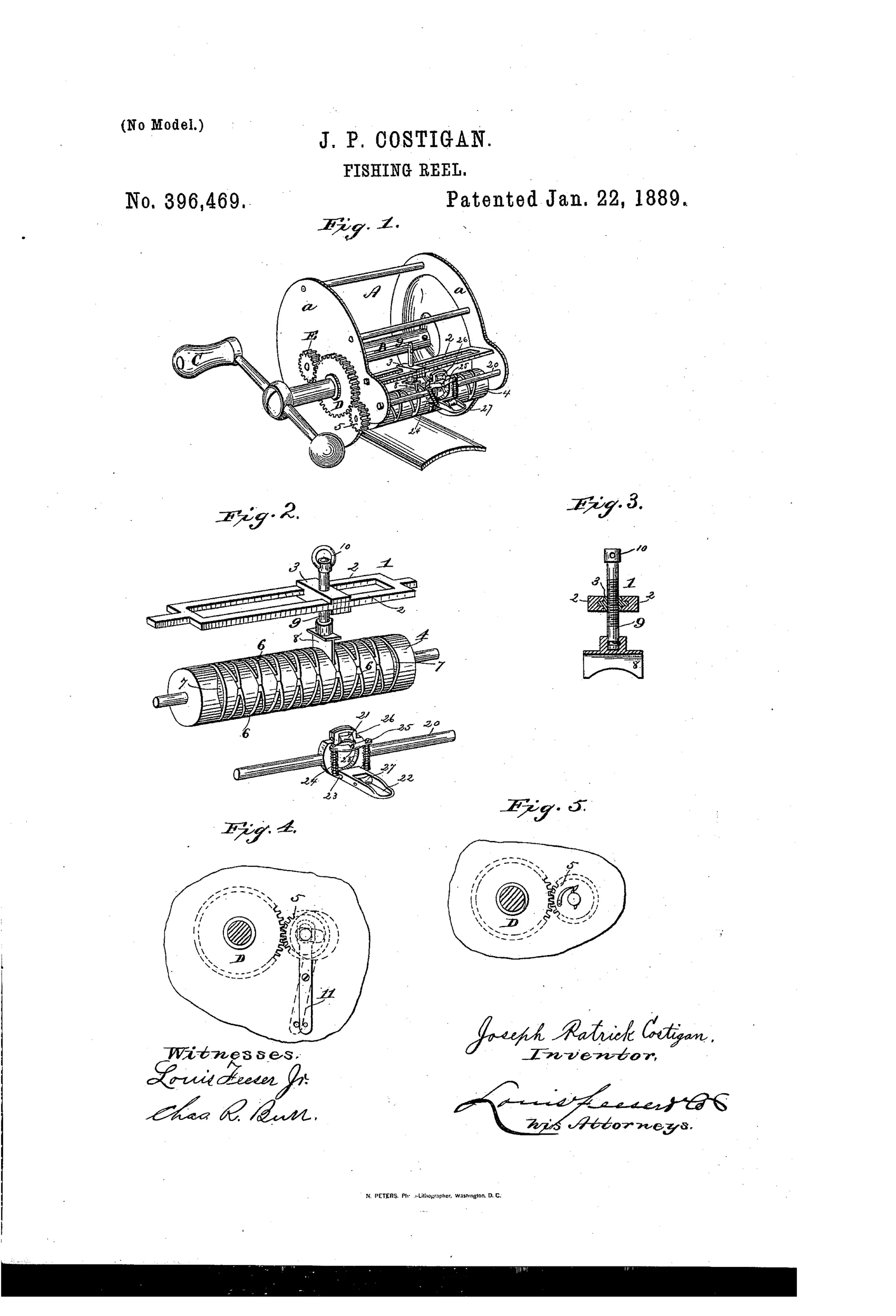 Patent drawing of a fishing reel showing the winding drum with crank handle, an internal grooved cylinder mechanism for laying line evenly, and separate detail views of the tension yoke, guide bar, and pinion gearing.