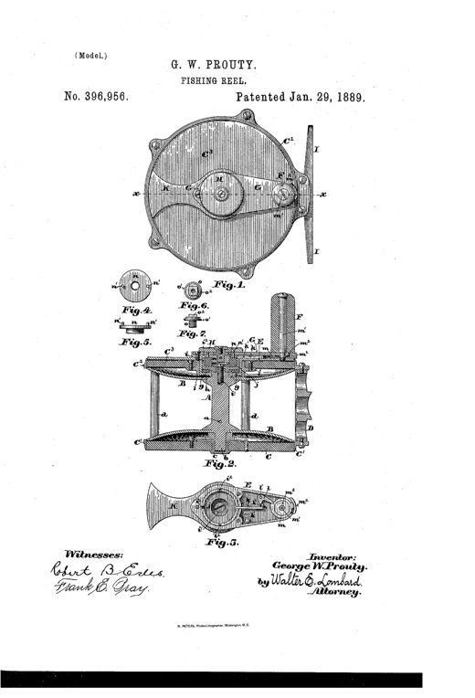 Patent drawing of an 1889 fishing reel showing a circular side plate with internal gear and friction mechanism, a cross-sectional view revealing the spool, hub, and rod-mounting frame with concave arms, and a plan view of the handle assembly with locking bolt and thumb-operated disk.