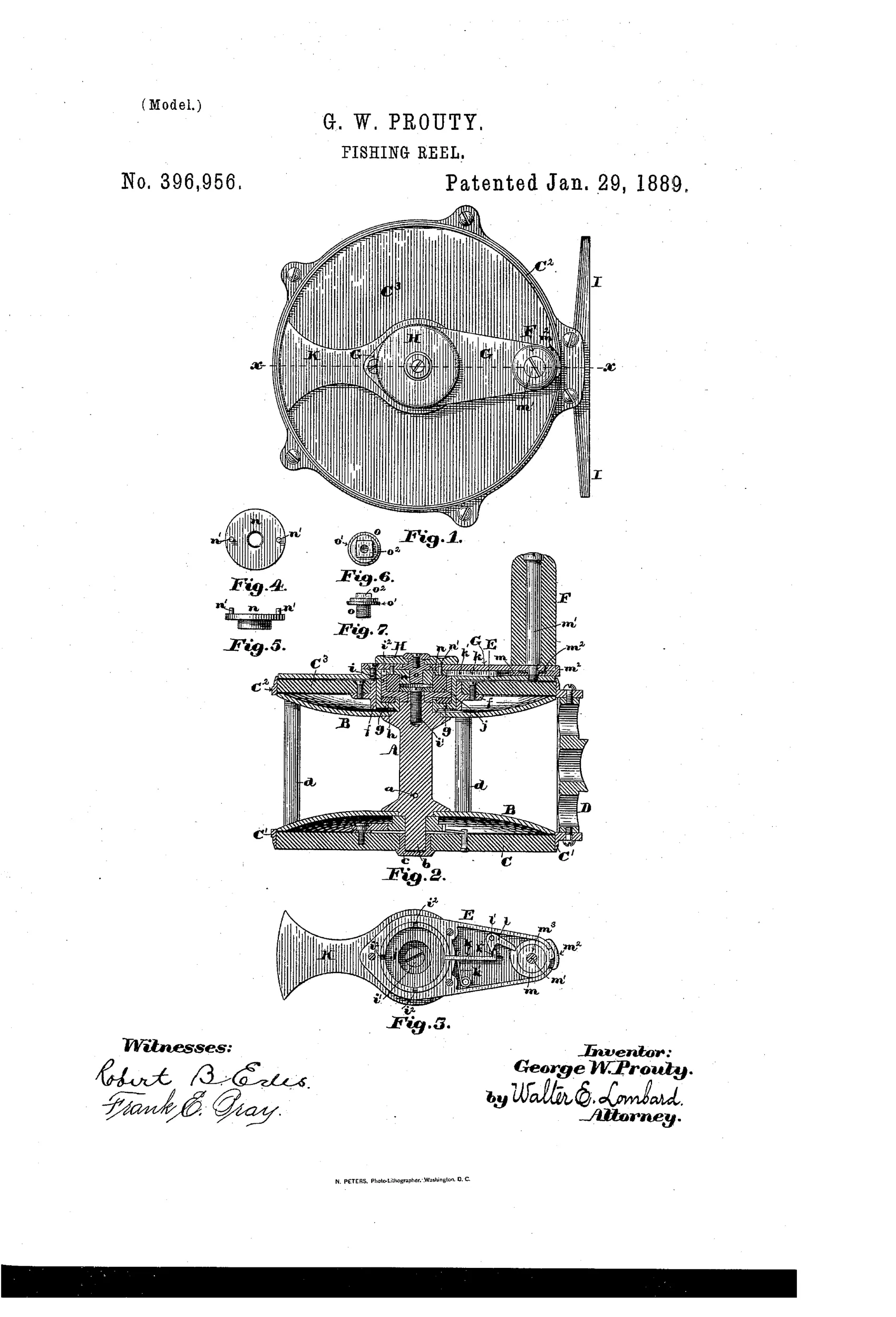 Patent drawing of an 1889 fishing reel showing a circular side plate with internal gear and friction mechanism, a cross-sectional view revealing the spool, hub, and rod-mounting frame with concave arms, and a plan view of the handle assembly with locking bolt and thumb-operated disk.