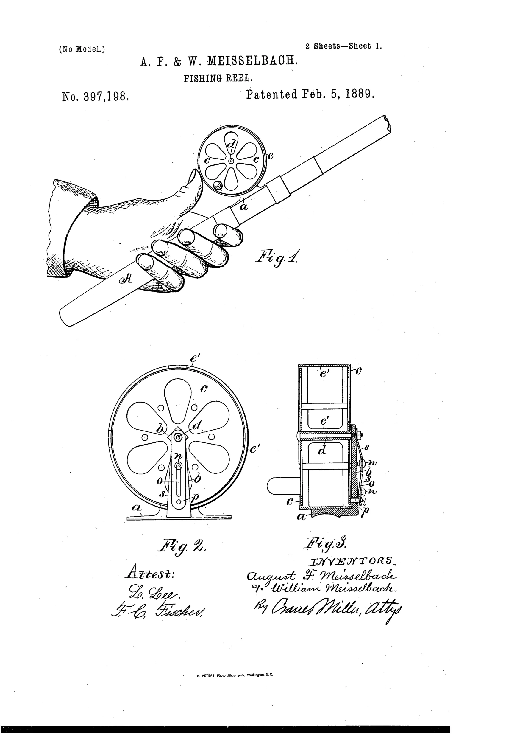 Patent drawing showing a hand gripping a fishing rod with an attached spool reel featuring a spoked flange and a thin metal drag band encircling its edge, alongside cross-sectional and detail views of the spool, post, and spring-loaded braking pin mechanism.