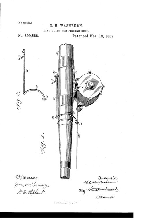 Patent drawing of a fishing rod section showing a reel mounted on a reel-seat, with a curved wire lever and thumb-piece attached near the reel that guides the fishing line through an eye, alongside a separate detail view of the lever mechanism.