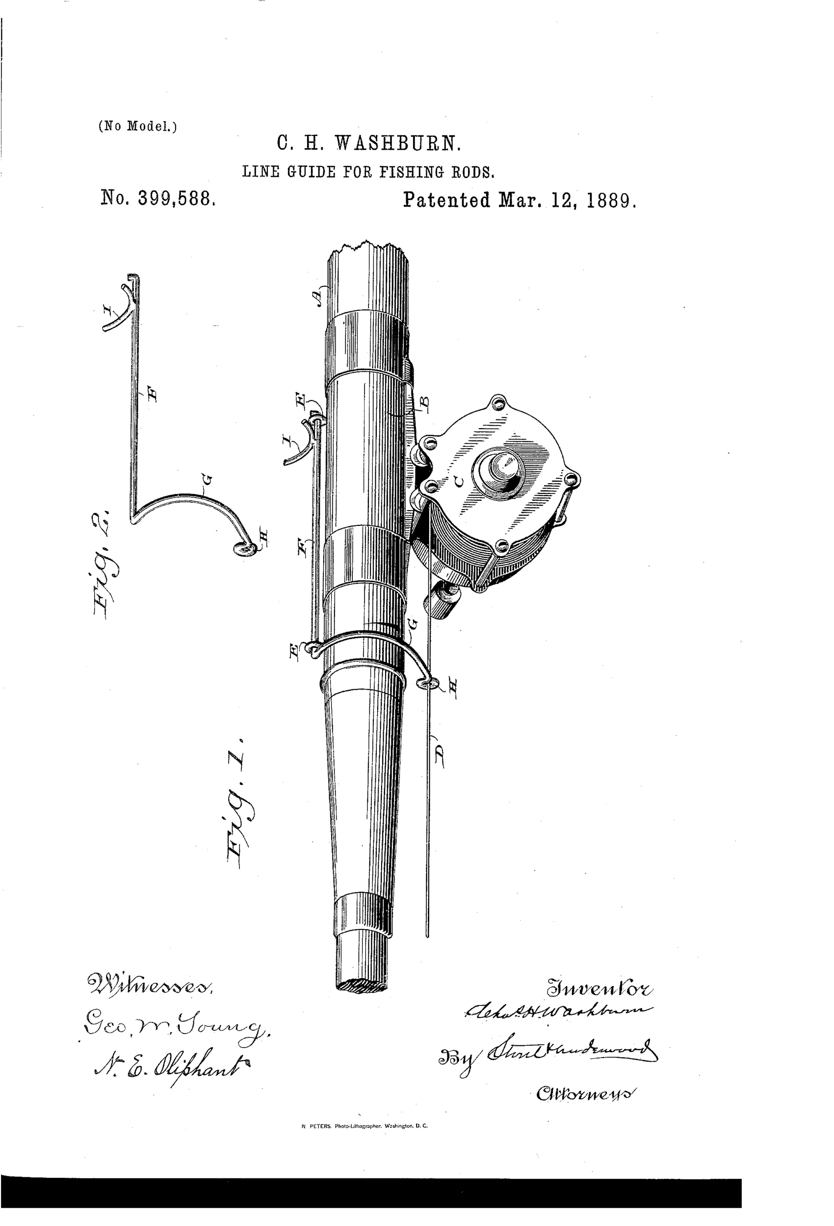 Patent drawing of a fishing rod section showing a reel mounted on a reel-seat, with a curved wire lever and thumb-piece attached near the reel that guides the fishing line through an eye, alongside a separate detail view of the lever mechanism.