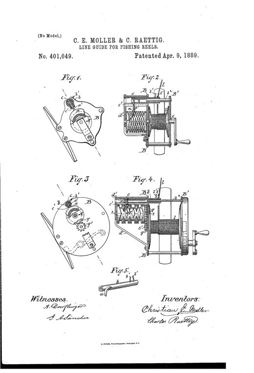 Patent drawing sheet showing five figures of a fishing reel line-guide mechanism, including side and front elevations of small and large reels with a screw-cylinder, follower, guide tube, and crank, plus a detached perspective view of the guide tube with clamp pins.
