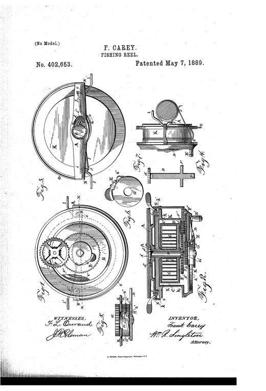 Patent drawing sheet showing a fishing reel's internal gear train, spiral spring barrel, ratchet mechanism, brake levers, and the reel mounted on a fishing rod, with hand-labeled parts and inventor's signature.
