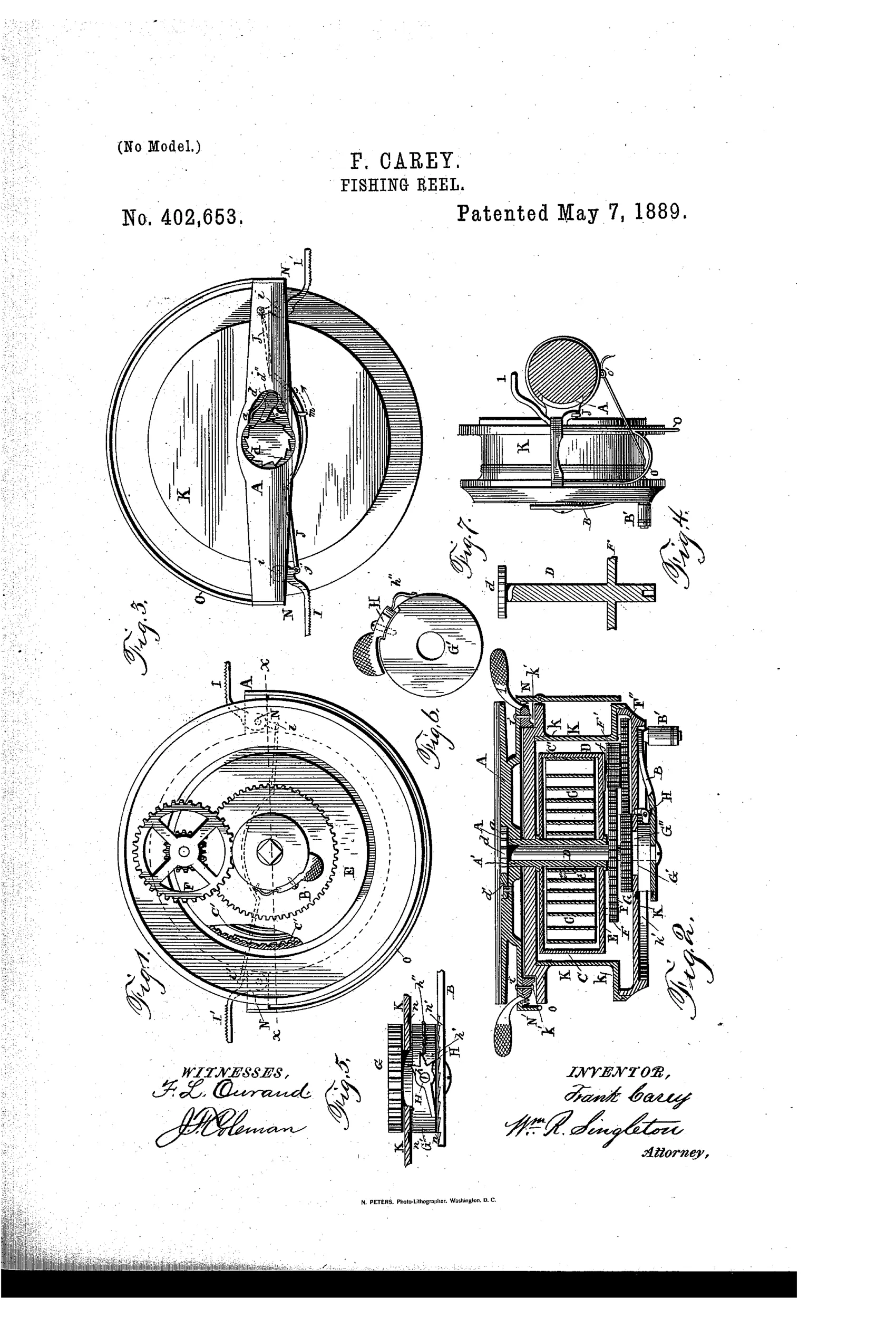 Patent drawing sheet showing a fishing reel's internal gear train, spiral spring barrel, ratchet mechanism, brake levers, and the reel mounted on a fishing rod, with hand-labeled parts and inventor's signature.