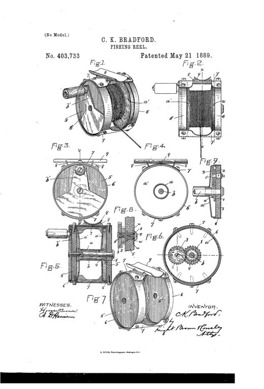 Patent drawing sheet showing nine views of a multiplying fishing reel, including a perspective view with crank handle, side and end views revealing internal gears, and enlarged detail sections of the eccentric stud and tie-plate construction.