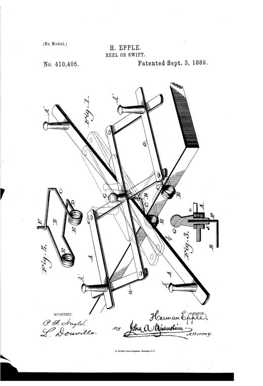 Patent drawing showing an X-shaped folding wooden reel made of pivoted slats with pins at the ends, alongside a separate wire clamp with coiled springs and jaws for attaching the reel to a table edge, plus an enlarged cross-section of the central screw-pin assembly.