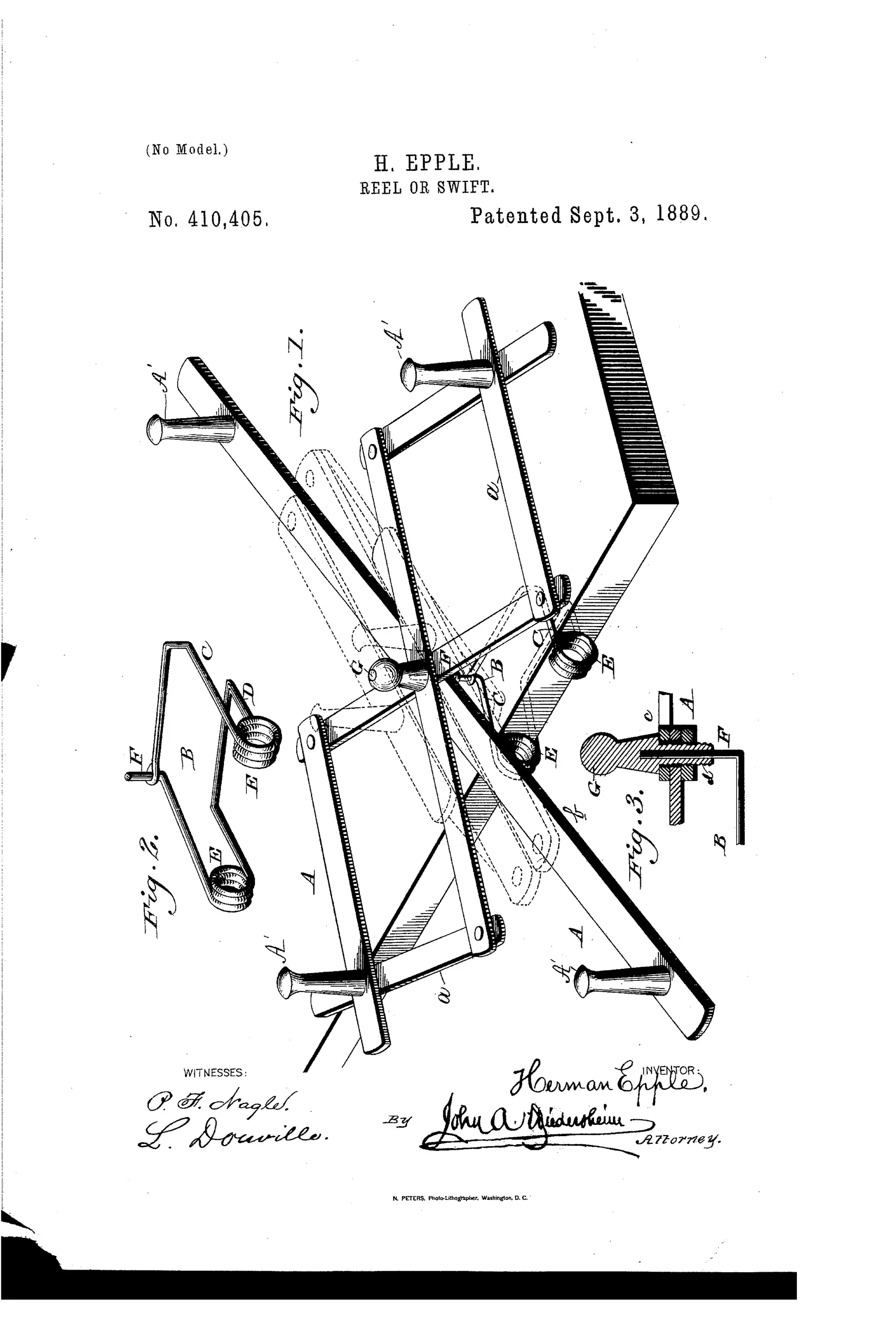 Patent drawing showing an X-shaped folding wooden reel made of pivoted slats with pins at the ends, alongside a separate wire clamp with coiled springs and jaws for attaching the reel to a table edge, plus an enlarged cross-section of the central screw-pin assembly.