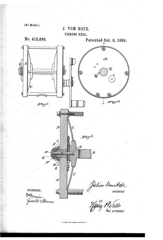 Patent drawing of a fishing reel showing the full assembled reel with spool and side plates (Fig. 1), an end-on view of the side plate with adjustment screw cap and pin (Fig. 2), and a cross-sectional view revealing the internal axle, pivot, sleeve-bearing, and screw-cap mechanism (Fig. 3).