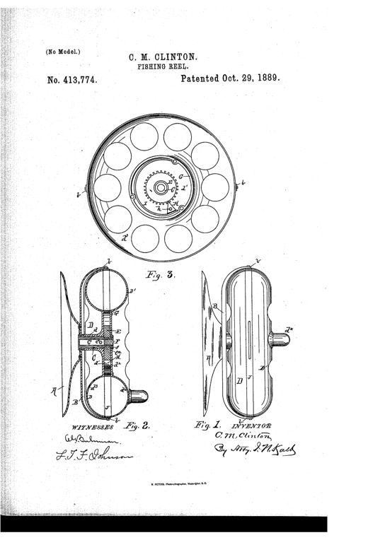 Patent drawing of a Victorian fishing reel showing a front plan view with a spoked outer disk and central click mechanism, plus two side-section views revealing internal gears, screws, and a hollow oiling stud.