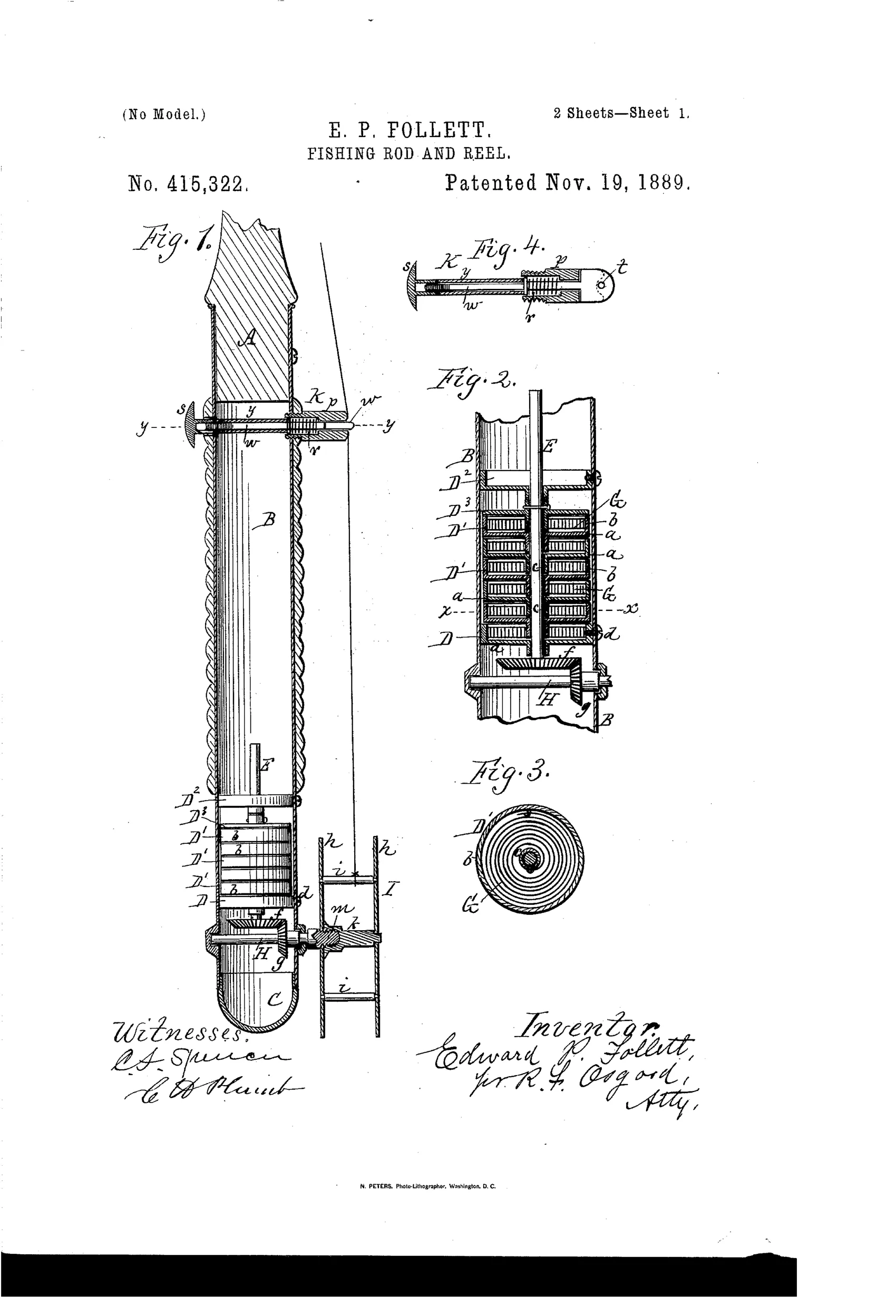 Patent drawing of a fishing rod butt in longitudinal section showing an internal ferrule packed with stacked flanged rings and coiled springs connected by bevel gearing to an external cross-shaft spool, with a separate brake plunger mechanism and a cross-sectional view of the spring rings.