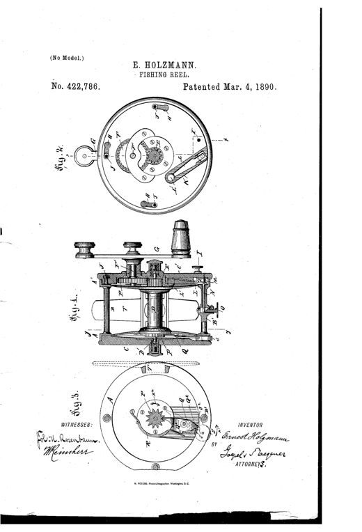 Patent drawing of a fishing reel showing a circular end view with crank and gears, a longitudinal cross-section revealing the internal spool and brake mechanism, and an inner face view of the detachable end plate with ratchet and pawl.
