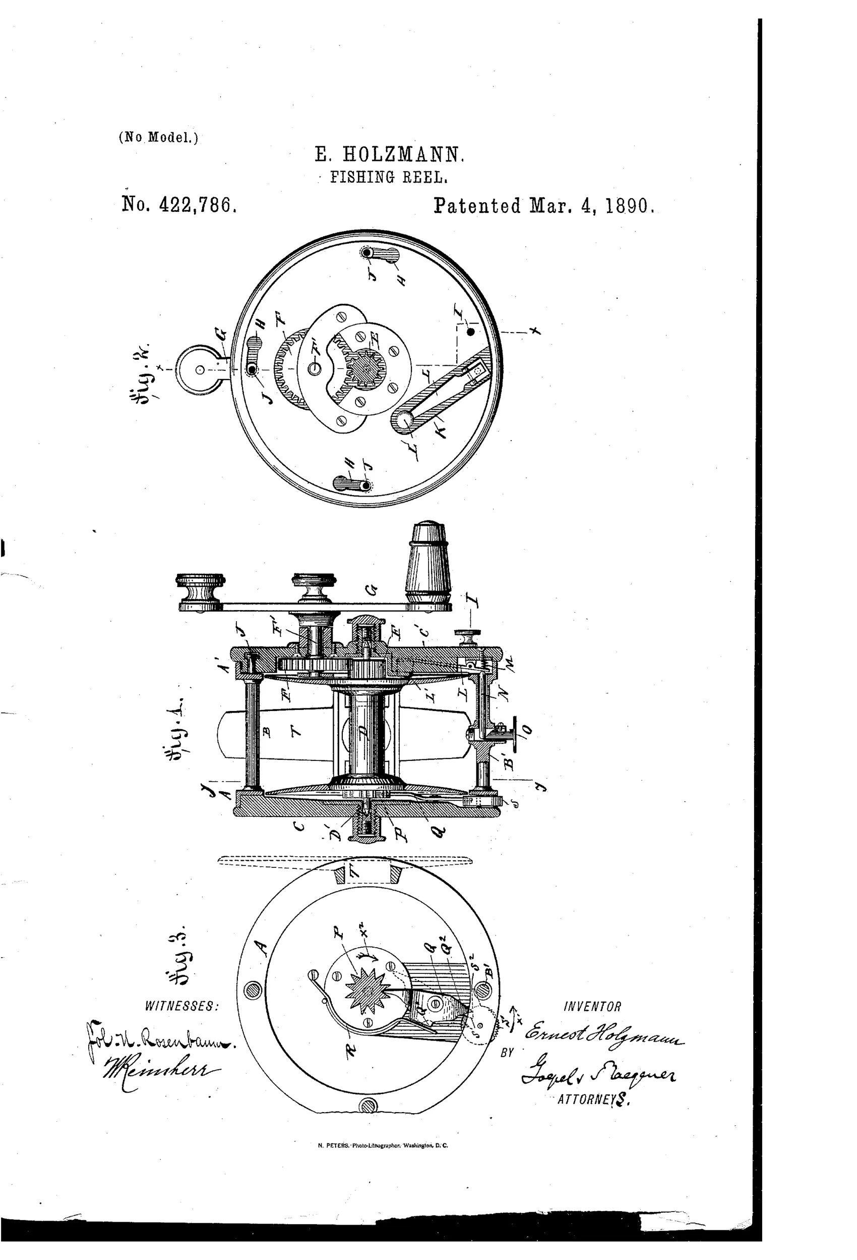 Patent drawing of a fishing reel showing a circular end view with crank and gears, a longitudinal cross-section revealing the internal spool and brake mechanism, and an inner face view of the detachable end plate with ratchet and pawl.