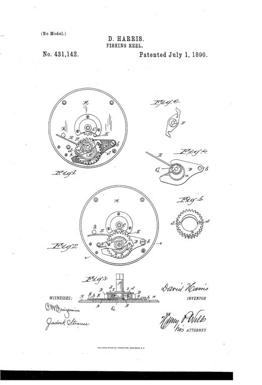 Patent drawing of a circular fishing reel mechanism showing internal gears, a pivoted bed-piece, and a spring-loaded clutch assembly labeled with letters A through K across six figures.
