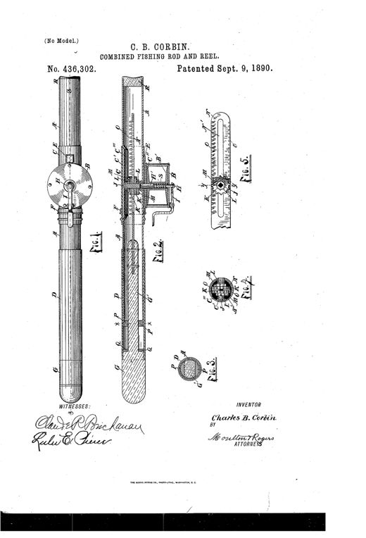 Patent drawing of a fishing rod showing a telescoping lower handle section, an internal rack-bar and gear mechanism, a reel mounted on the shaft, and cross-sectional details of the gears, pawls, and ratchets that convert sliding motion into reel rotation.