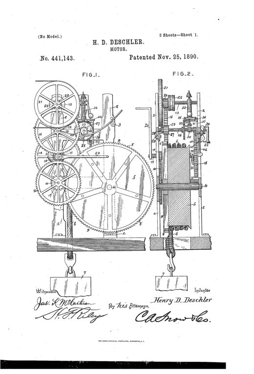 Patent drawing of a wooden-framed gear motor with a large cog-wheel and drum from which a weight hangs on a rope, alongside a smaller governor mechanism with a spring-loaded presser-foot pressing against a friction-wheel.