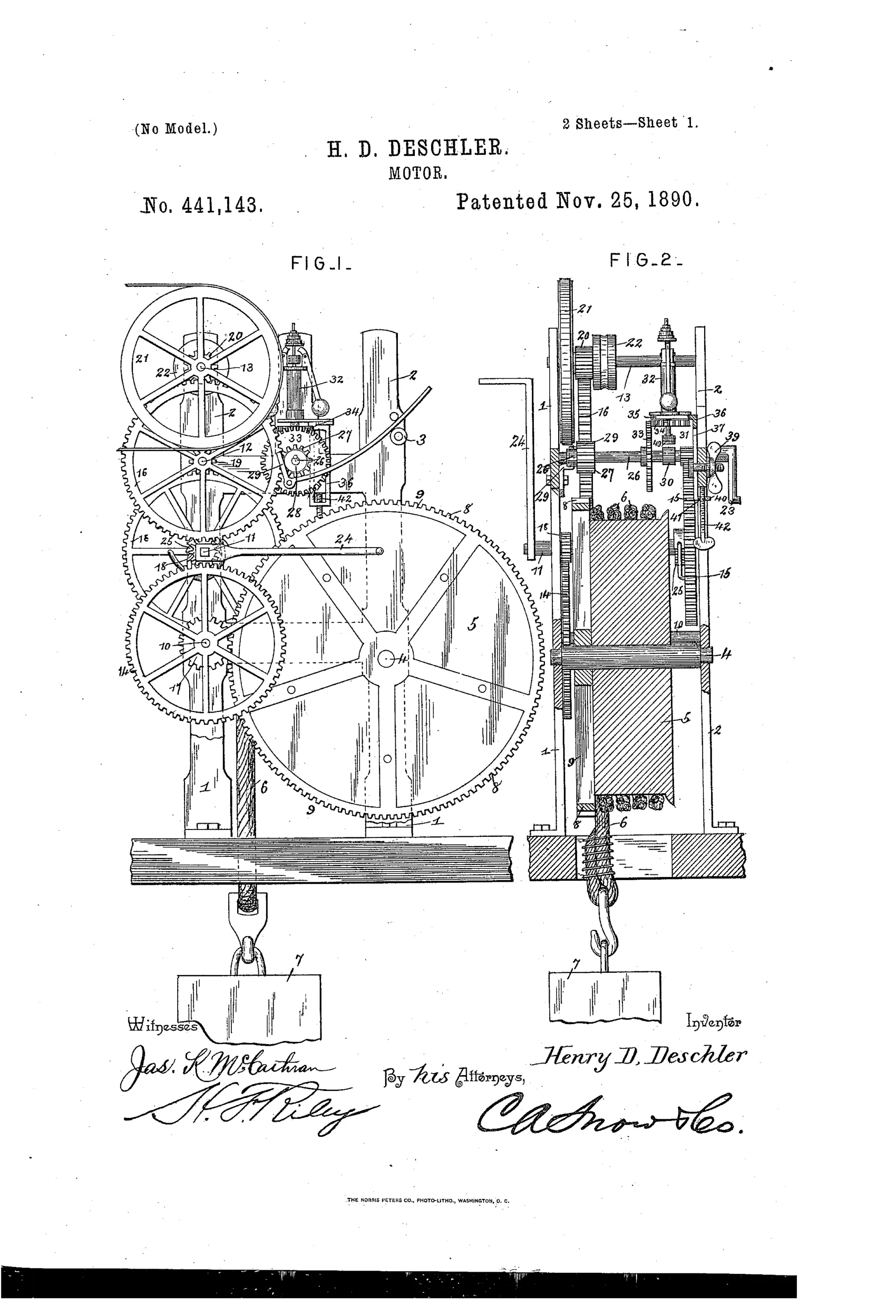 Patent drawing of a wooden-framed gear motor with a large cog-wheel and drum from which a weight hangs on a rope, alongside a smaller governor mechanism with a spring-loaded presser-foot pressing against a friction-wheel.