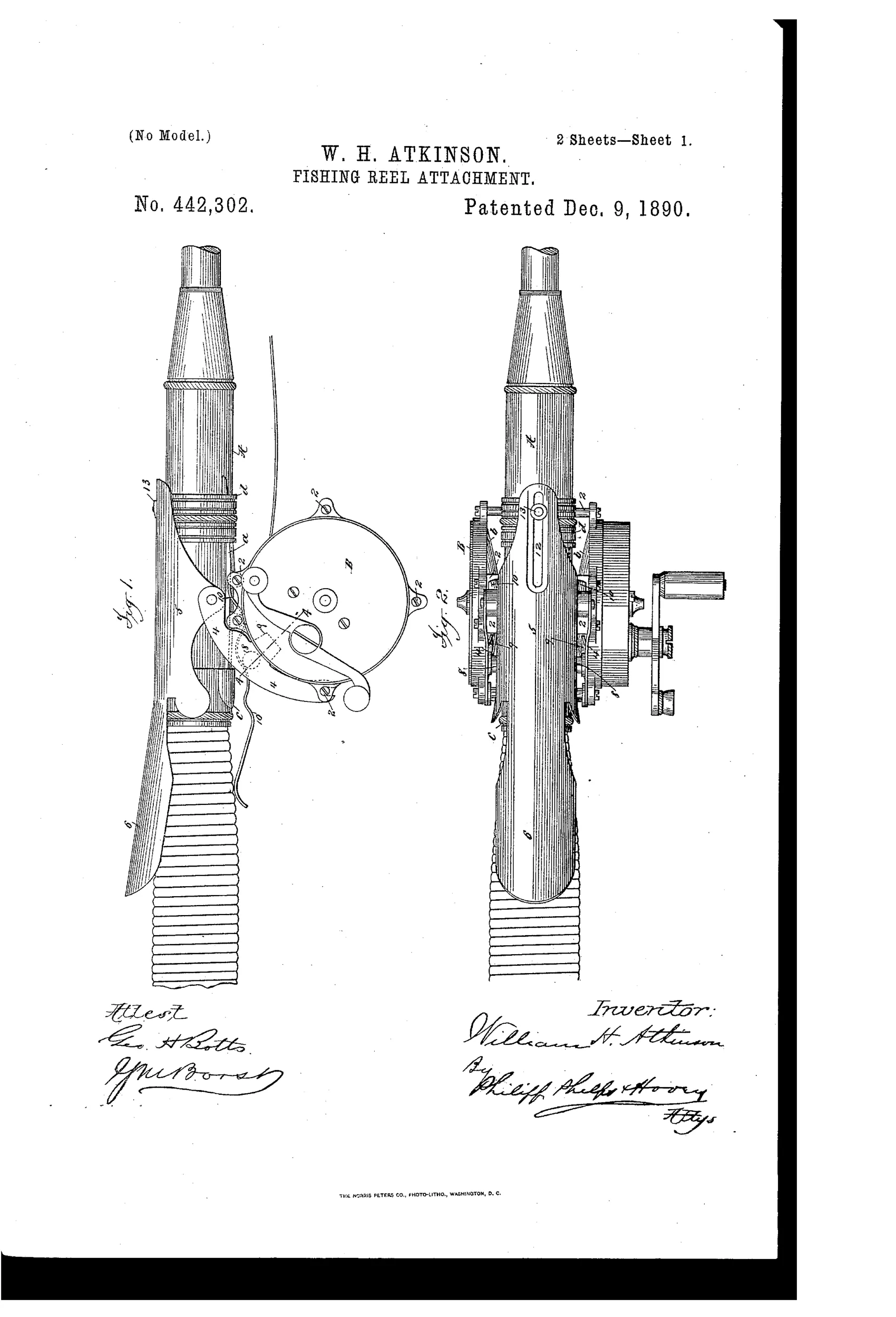 Patent drawing of a fishing rod segment with a reel mounted underneath, showing a mechanical brake attachment with curved arms and a lever positioned to press against the reel spool.