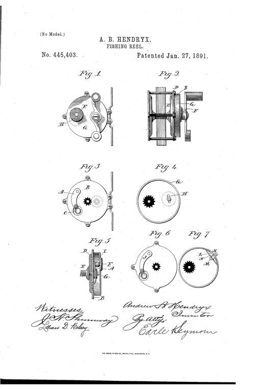 Patent drawing of a fishing reel showing seven diagrams: side and front elevations of the reel body, an internal view with the cap removed revealing the crescent-shaped spring brake-arm and gear, a detached view of the cap with its slotted operating-button, a cross-section through the cap and drum flange, and two additional views of an alternate brake-arm and button arrangement.