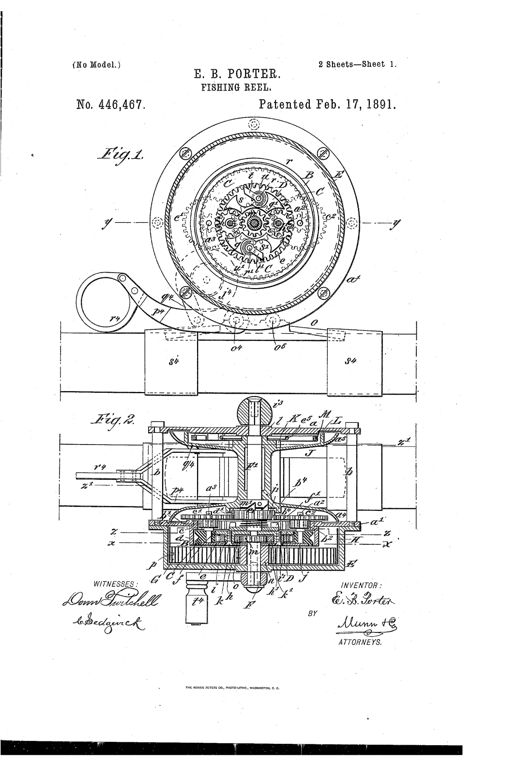 Patent drawing of a circular fishing reel showing internal planetary gears, a brake ring, a click mechanism, and a crank handle mounted on a rod-plate with rings for attachment to a fishing rod.