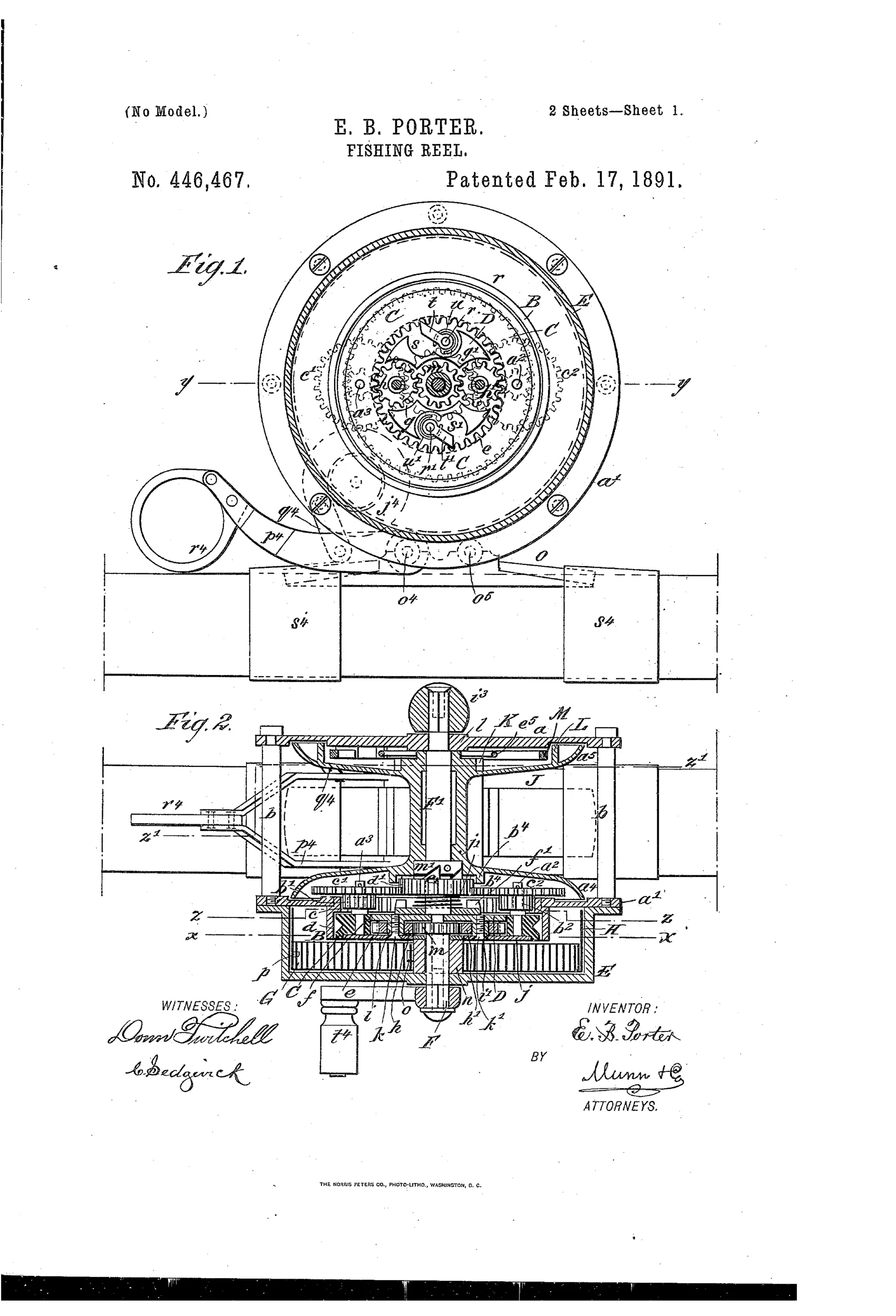 Patent drawing of a circular fishing reel showing internal planetary gears, a brake ring, a click mechanism, and a crank handle mounted on a rod-plate with rings for attachment to a fishing rod.