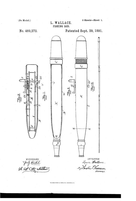 Patent drawing showing a jointed fishing rod with a hollow handle section containing an internal reel frame, gears, crank, alarm bell lever, and a friction brake knob, alongside exploded views of the gear and spool components.