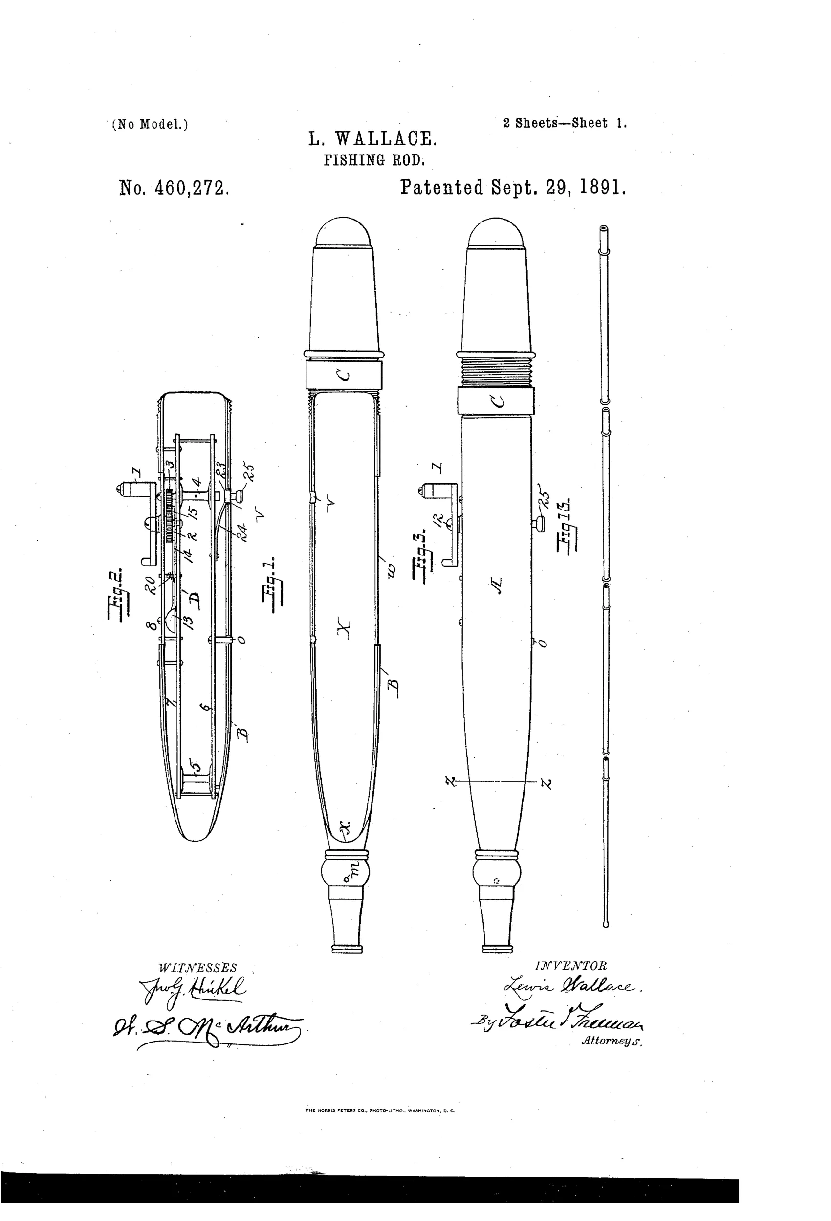 Patent drawing showing a jointed fishing rod with a hollow handle section containing an internal reel frame, gears, crank, alarm bell lever, and a friction brake knob, alongside exploded views of the gear and spool components.