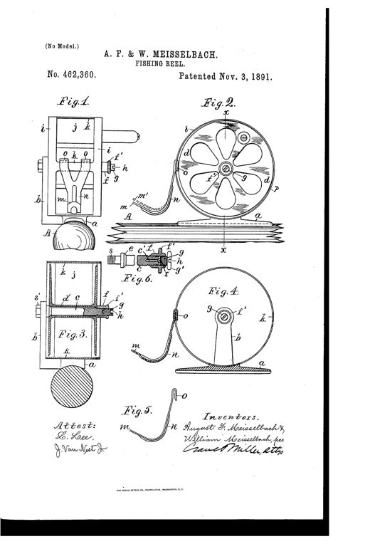 Patent drawing showing a side-mounted fishing reel with a spoked spool, a slotted cylindrical shell drag, a bent thumb-piece lever near the pole clamp, and detail views of the threaded stud and cone-piece assembly.