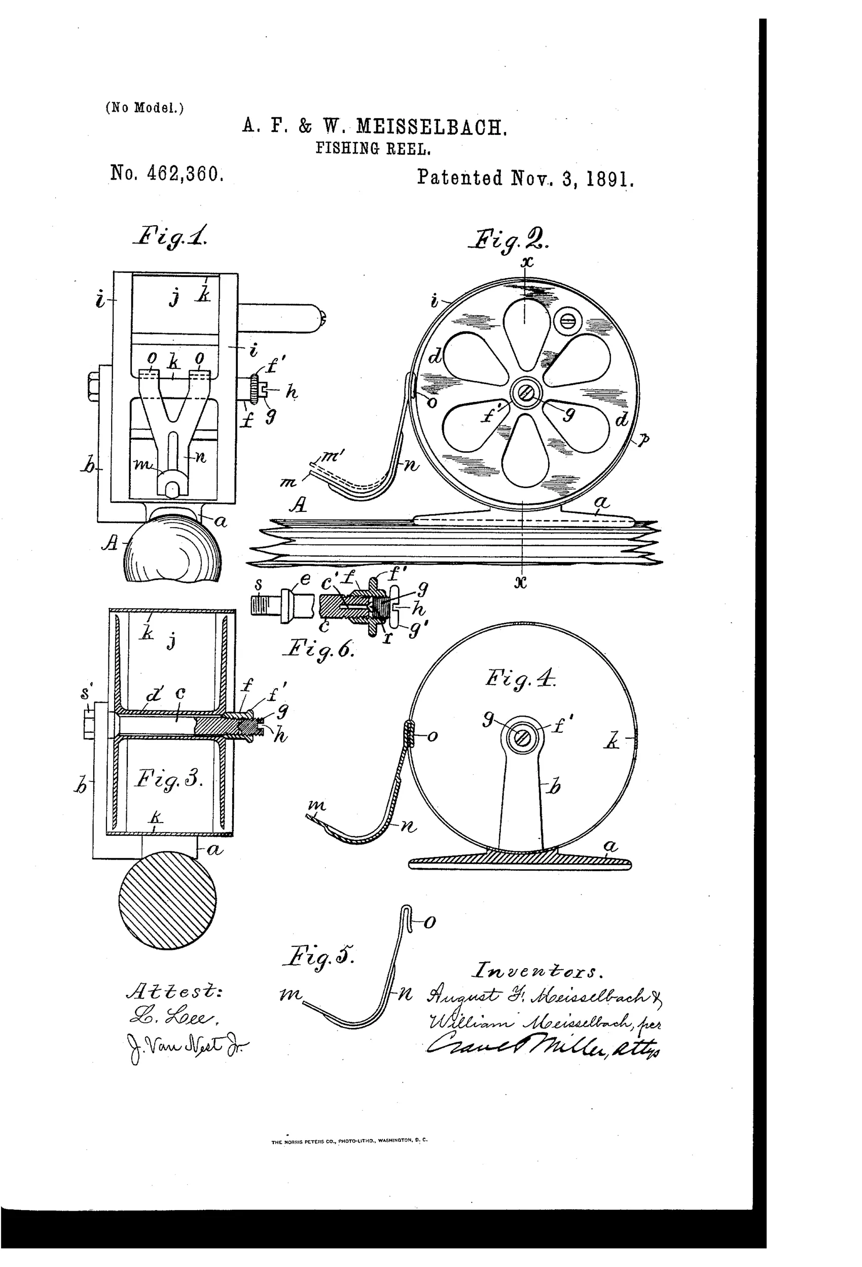 Patent drawing showing a side-mounted fishing reel with a spoked spool, a slotted cylindrical shell drag, a bent thumb-piece lever near the pole clamp, and detail views of the threaded stud and cone-piece assembly.