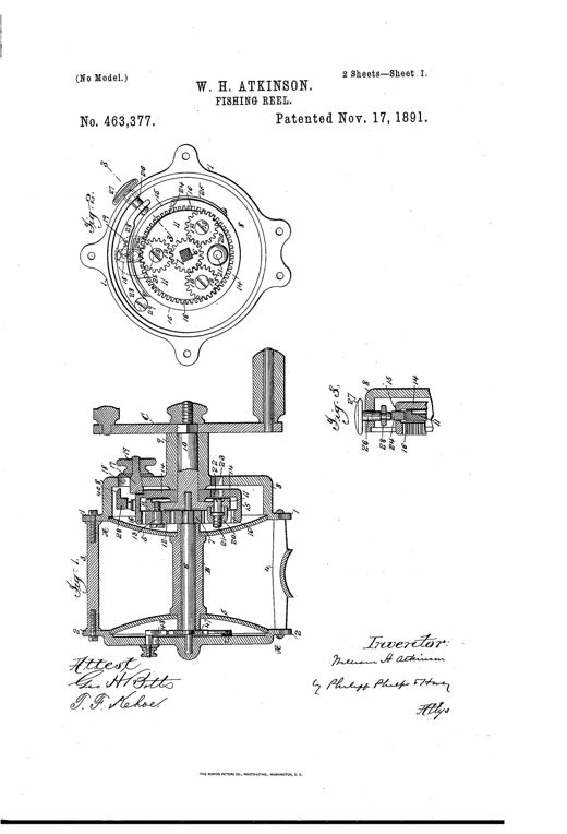 Patent drawing sheets showing a fishing reel's internal gear mechanism including a circular gear-and-disk assembly, a longitudinal cross-section of the spool and crank-shaft, and a side elevation with visible cross-bars, click-wheel, and brake linkage.