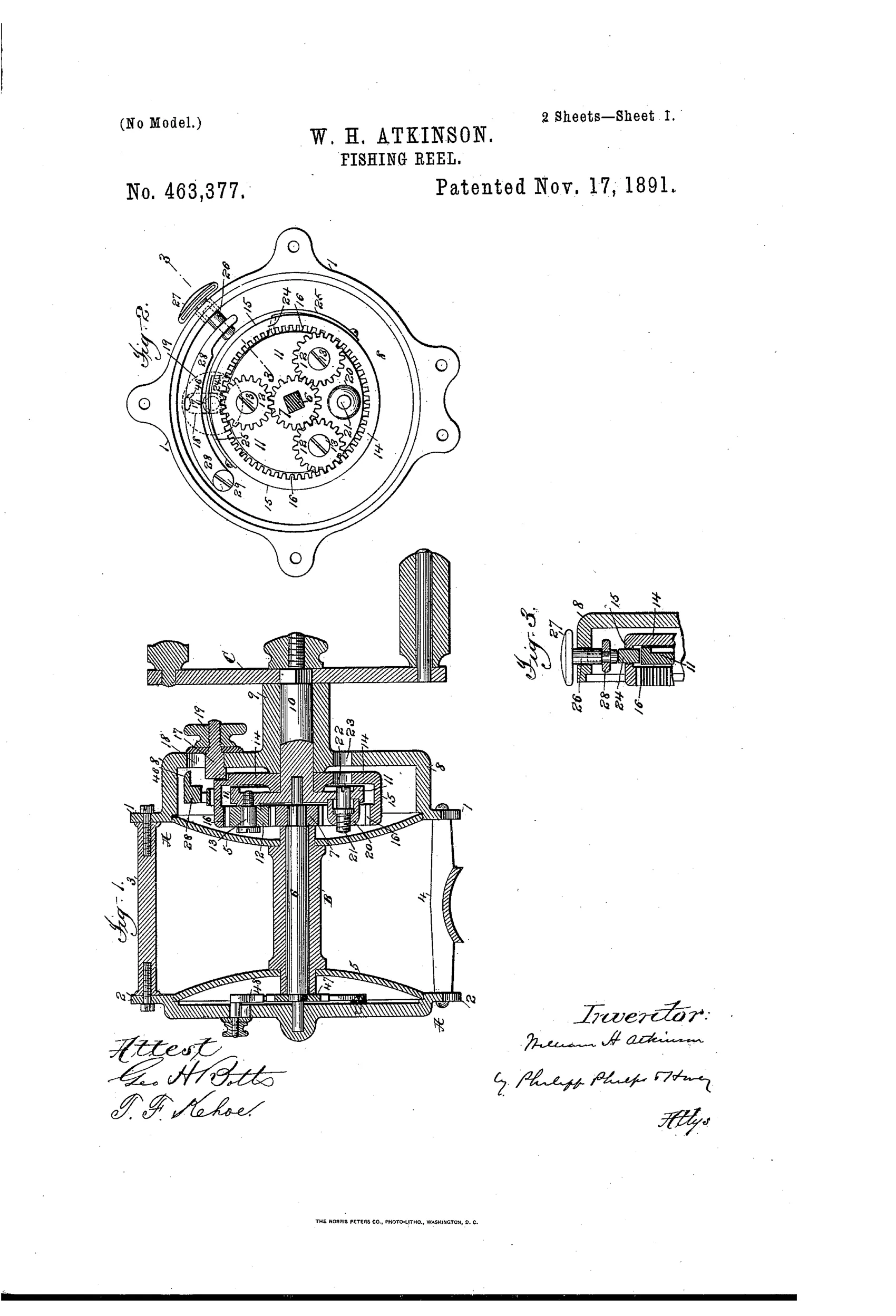 Patent drawing sheets showing a fishing reel's internal gear mechanism including a circular gear-and-disk assembly, a longitudinal cross-section of the spool and crank-shaft, and a side elevation with visible cross-bars, click-wheel, and brake linkage.