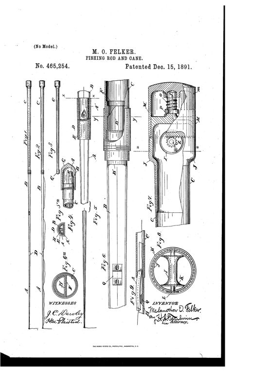 Patent drawing showing a telescoping fishing rod and walking cane assembly, with labeled cross-sections of the semi-tubular rod joints, an internal reel mechanism inside the handle with a gear and pinion, and a signature block from the inventor Melancthon O. Felker.