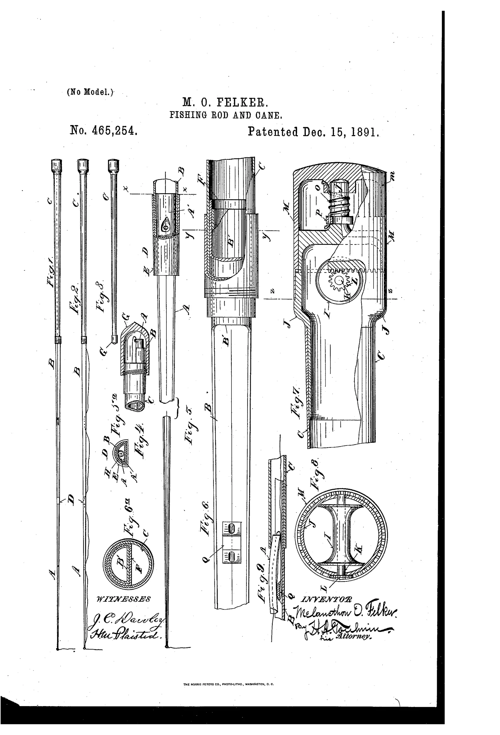 Patent drawing showing a telescoping fishing rod and walking cane assembly, with labeled cross-sections of the semi-tubular rod joints, an internal reel mechanism inside the handle with a gear and pinion, and a signature block from the inventor Melancthon O. Felker.