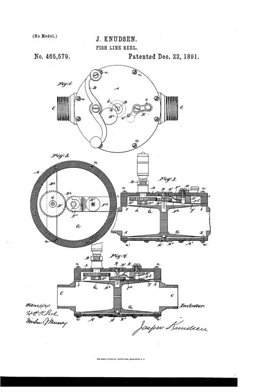 Patent drawing of a cylindrical fishing reel showing a top plan view with winding crank and rod couplings, plus two cutaway side sections revealing internal gear teeth, a shifting pinion, and a bifurcated spring mechanism used to engage or disengage the spool gearing.