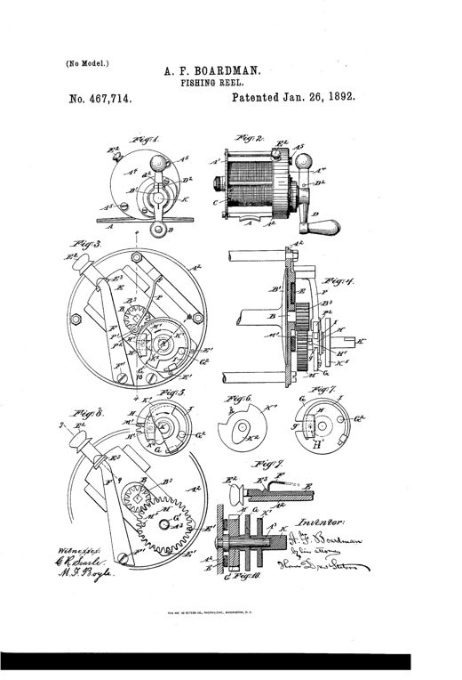 Patent drawing of a 19th-century fishing reel showing exterior views (Figs. 1-2) with crank and spool, and internal gear mechanism views (Figs. 3-10) illustrating the spur gears, cam-piece, locking pins, and sliding plate used to engage, disengage, and lock the spool.