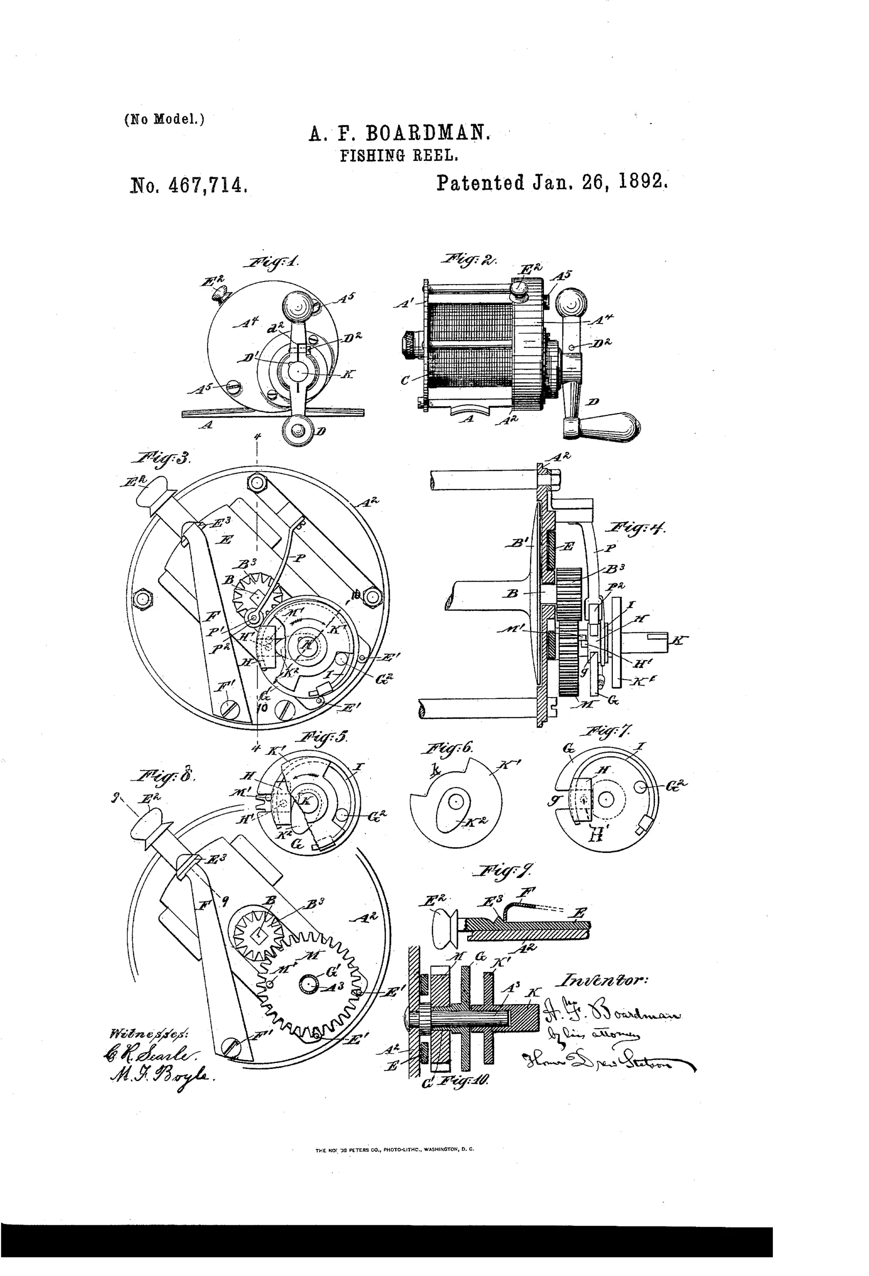 Patent drawing of a 19th-century fishing reel showing exterior views (Figs. 1-2) with crank and spool, and internal gear mechanism views (Figs. 3-10) illustrating the spur gears, cam-piece, locking pins, and sliding plate used to engage, disengage, and lock the spool.